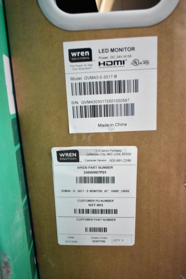 Three Wren GVM43-0-3017-B LED monitors in original box. Labels show model, S/N, and Wren part number. Buyer pickup only.