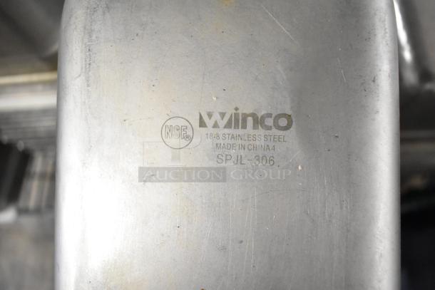Close-up of Winco 18-8 stainless steel bin, SPJL-306 model, NSF certified, made in China, slightly worn surface.