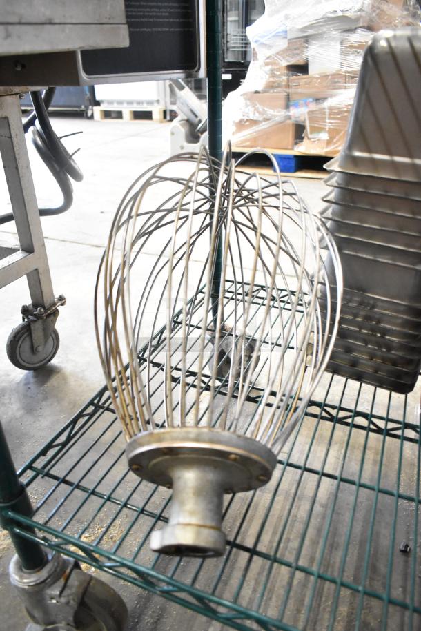 Whisk attachment and 61 stainless steel drop-in bins, 1/6 size, on metal shelf. Auction lot includes 62 items total.
