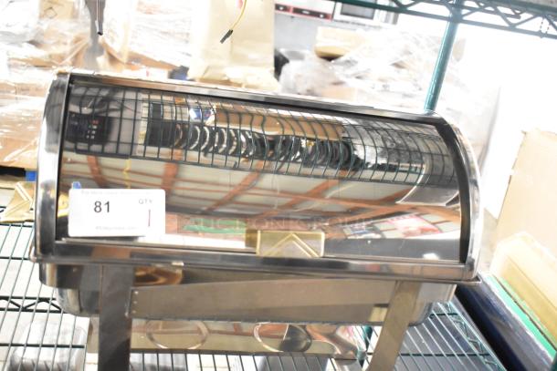 Countertop roll top chafer in stainless steel, with clear dome lid, on a wire rack. Tag reads "81 QTY 1 PCIAuctions.com".