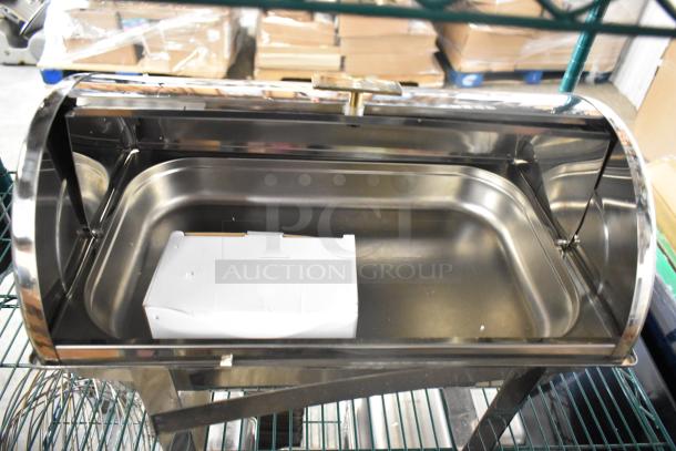 Stainless steel countertop roll top chafer with polished finish, excellent condition, ideal for catering.