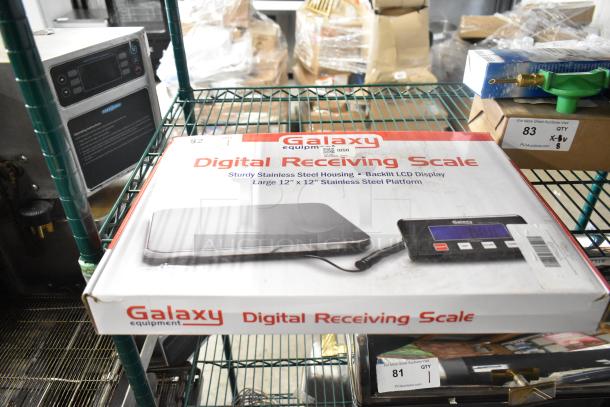 Boxed Galaxy 177RS220LP digital receiving scale, 220 lb capacity, low-profile design, remote display, stainless steel platform.