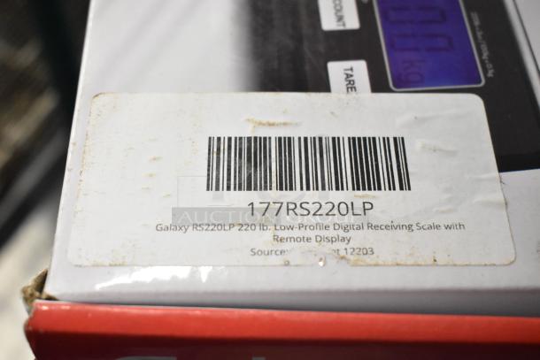 BRAND NEW SCRATCH AND DENT! Galaxy 177RS220LP, 220 lb. digital receiving scale with remote display; barcode label visible.