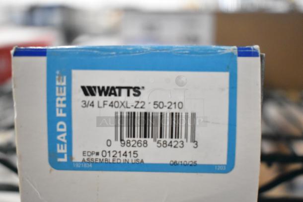 Box label displaying "Watts 3/4 LF40XL-Z2 Safety Relief Valve," lead-free, EDP# 0121415, assembled in USA.