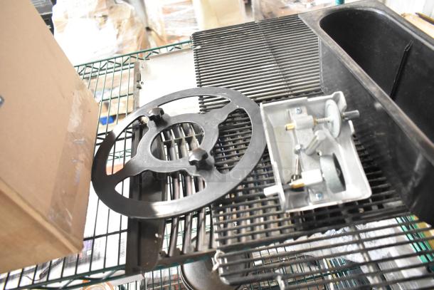 Set of six various items including a blade sharpener, jar, bin, and ice head vent cover, in used condition.