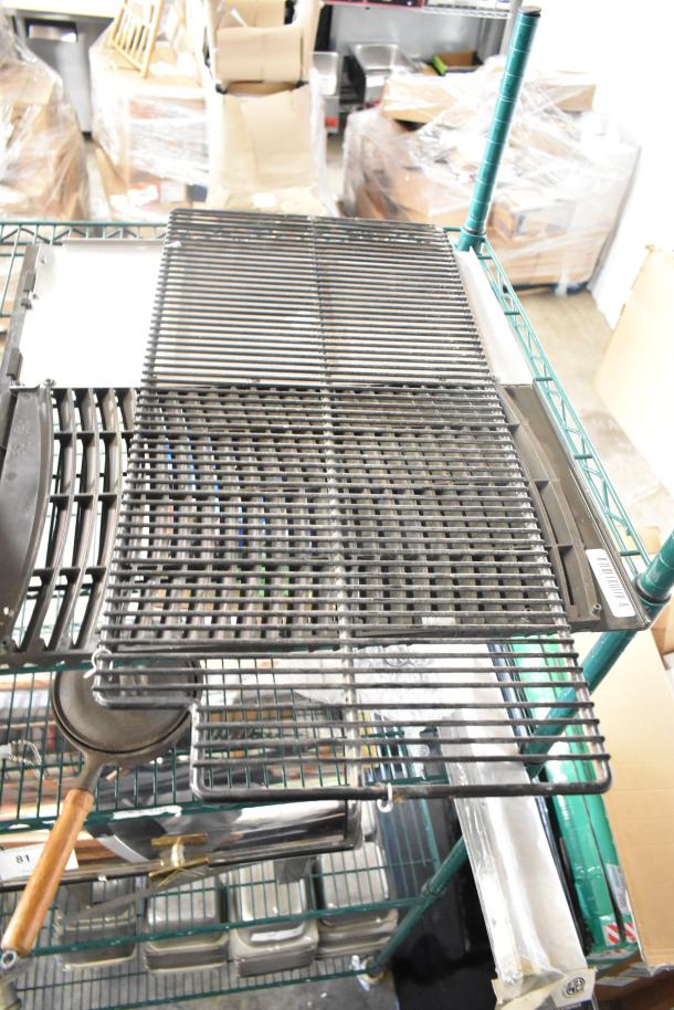 Assorted auction items including a jar, blade sharpener, bin, and vent cover on a wire shelf. Various conditions.