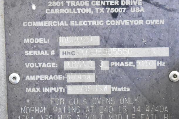 Label for Turbochef HhC2020 commercial electric conveyor oven. Voltage: 208/240, 3 phase, 40/46A. Serial: HhC2020ED05556.