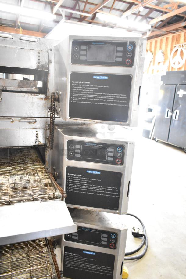Three Turbochef HhC2020 electric conveyor ovens, 2016 model, with operating instructions displayed, on commercial casters.