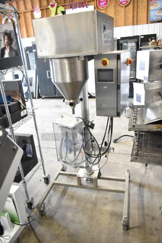 Per-fil Micro-15 commercial floor filler machine with casters, 125V, 1 phase. Stainless steel construction, control panel visible.