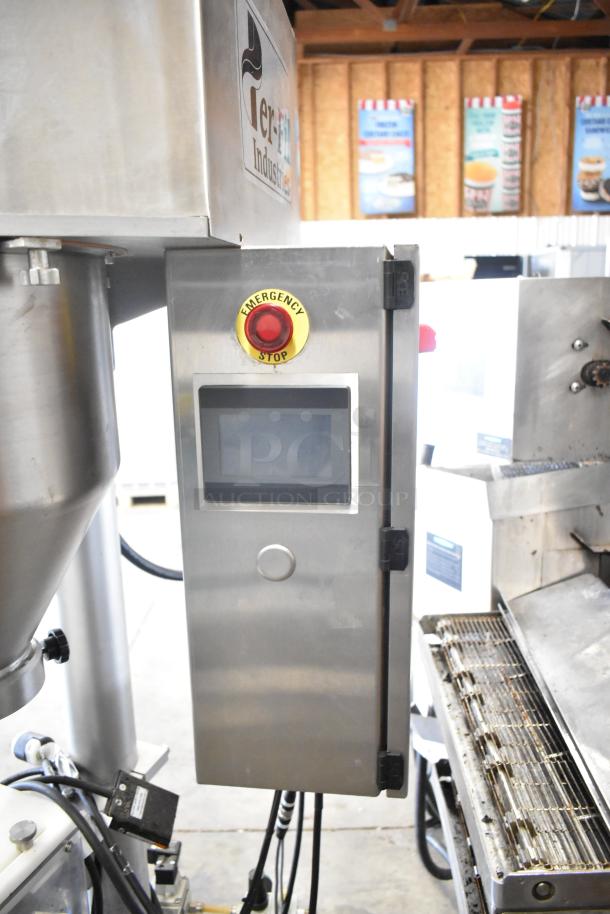 Per-fil Micro-15 floor filler machine on casters with control panel, emergency stop button, and 125 volts, 1 phase power.