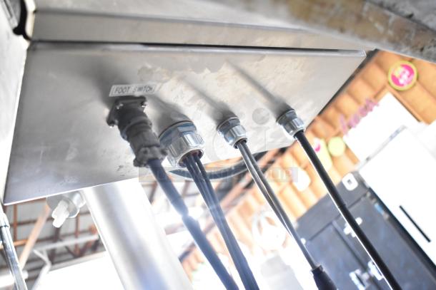 Per-fil Micro-15 commercial filler machine showing foot switch connections and cables. 125V, 1 Phase, on casters.