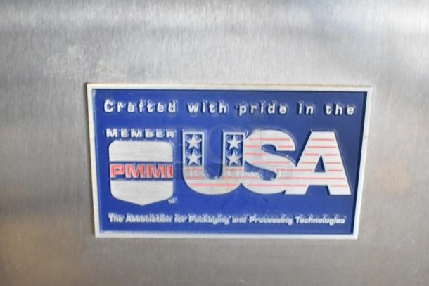 Per-fil Micro-15 floor filler machine, commercial casters, 125V, 1-phase. Label indicates PMMI membership, made in USA.