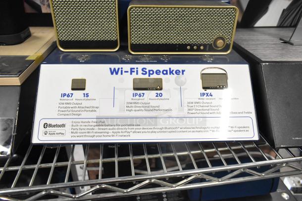 3 store displays showing Sony headphones, Skull Candy speakers, and Onn speaker. Features and specs listed below.