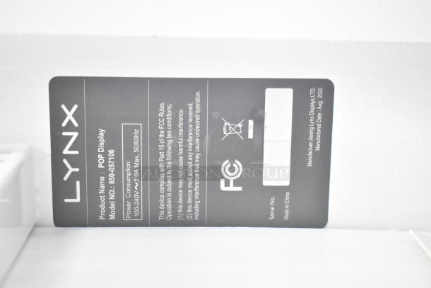 Lynx POP display label, Model No: 850-57106, power 100-240V~2.0A Max, FCC compliant, manufactured Aug 2020.
