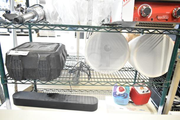 3 items: Monster Mini Rockin Roller speaker, 2 Electro-Voice EVID-P6.2UW speakers. Visible auction tags, good condition.