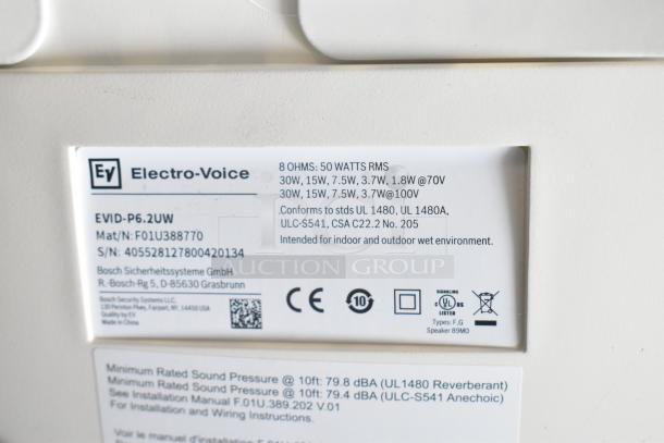 Label on Electro-Voice EVID-P6.2UW speaker stating 8 Ohms, 50 Watts RMS, and usage standards for wet environments.