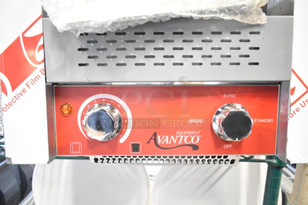Brand new Avantco 184T140 conveyor toaster, 10" wide, 3" opening, 300 slices/hr, 120V, visible control dials, slight scratches.