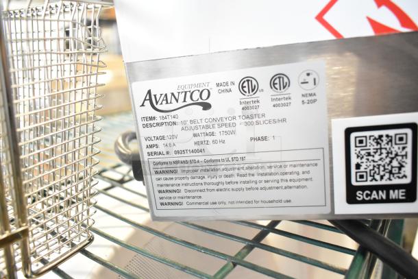 Brand new Avantco 184T140 commercial conveyor toaster, 3" opening, 300 slices/hour, 120V, with scratch and dent markings.