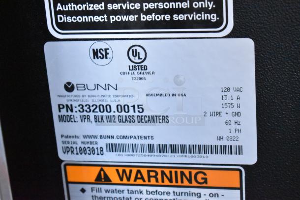 2022 Bunn VPR Coffee Machine tag showing model VPR, 120V, 1 Phase, and serial number VPR1003018. Assembled in USA.