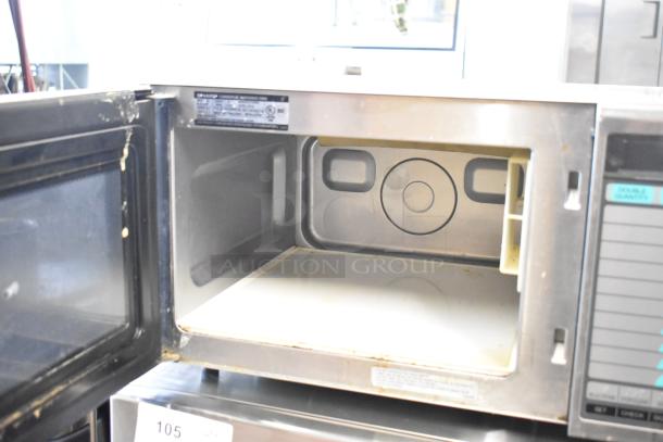 Sharp R-21LVF commercial countertop microwave oven, 120 volts, open door view, interior and keypad visible, good condition.
