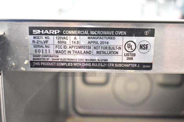 Sharp R-21LVF Commercial Microwave Oven, 120V, 1 Phase, made in Thailand, manufactured April 2014, UL and NSF listed.