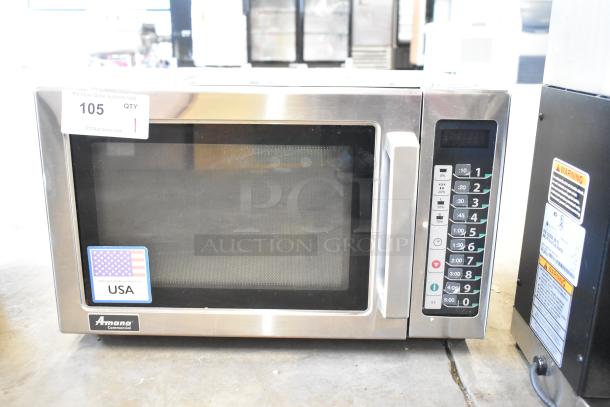 2021 Amana RCS10TS commercial countertop microwave, stainless steel, 120V, 1 phase, digital keypad, made in USA label.
