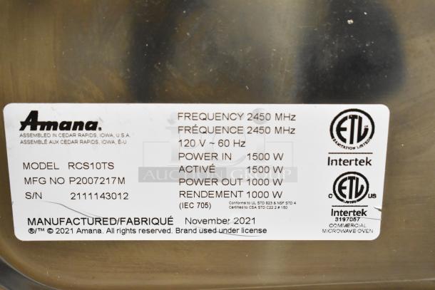2021 Amana RCS10TS Commercial Microwave Oven label, 120V, 1 Phase, 2450 MHz, 1500W input, 1000W output, November 2021.