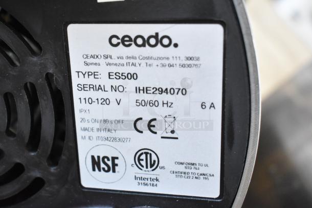Ceado ES500 Commercial Juice Extractor label, 110-120V, serial IHE294070, NSF certified, made in Italy.