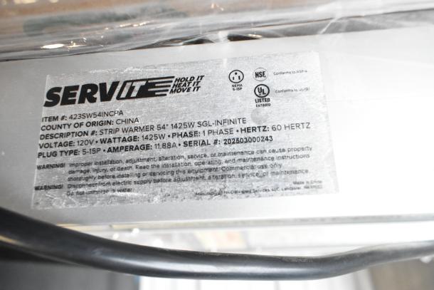 14 new ServIt Strip Warmers, 54", 120V, 1425W, 1 phase, model 423SW54INCPA. Includes labels and specifications.
