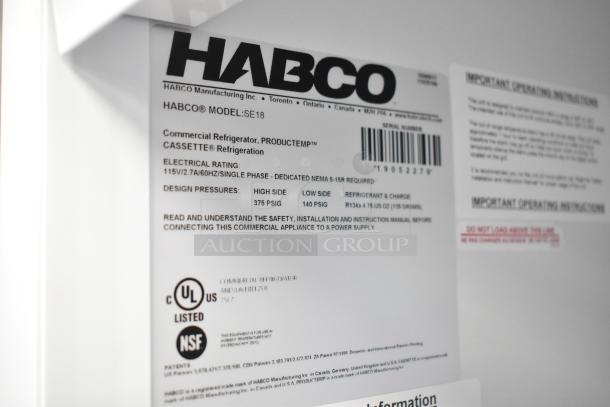 2019 Habco SE18 Commercial Cooler label showing model, voltage, UL and NSF certifications. 115 volts, 1 phase.