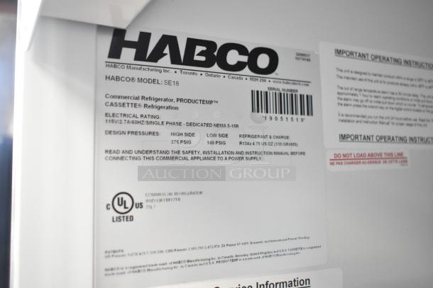 2019 Habco SE18 commercial single door cooler label showing model, electrical rating, UL listed, and refrigerant details.