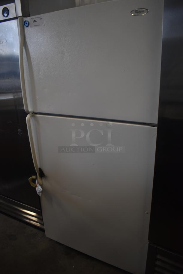 Whirlpool ET1MHKXMQ04 reach-in cooler with freezer, 115 volts, 1 phase, visible wear, numbered label "114."