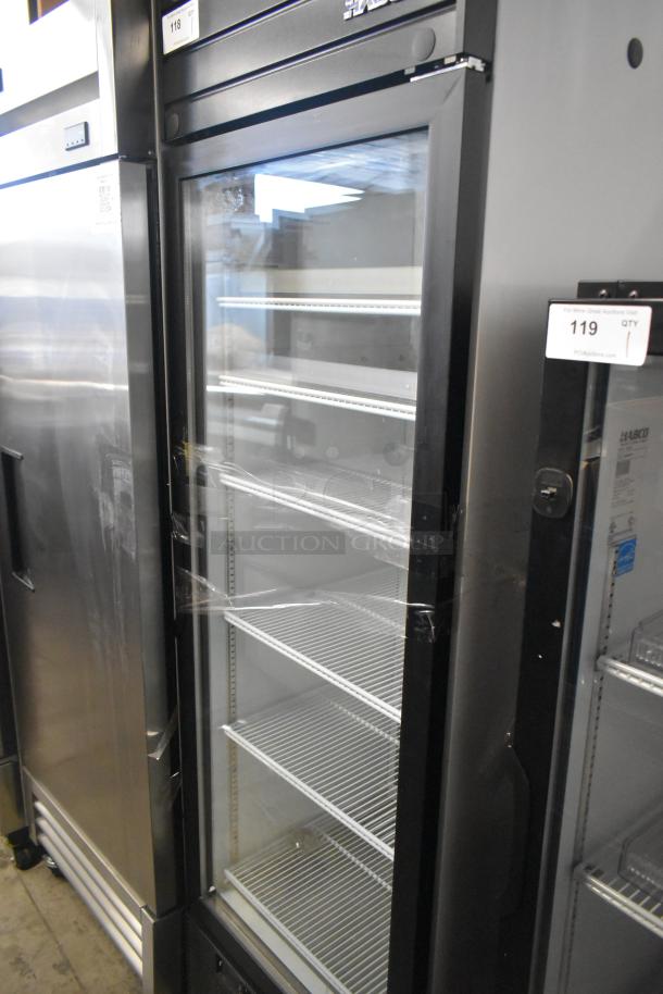 2019 Habco SE18 commercial reach-in cooler, single glass door, multiple shelves, 115V, 1 phase, excellent condition.