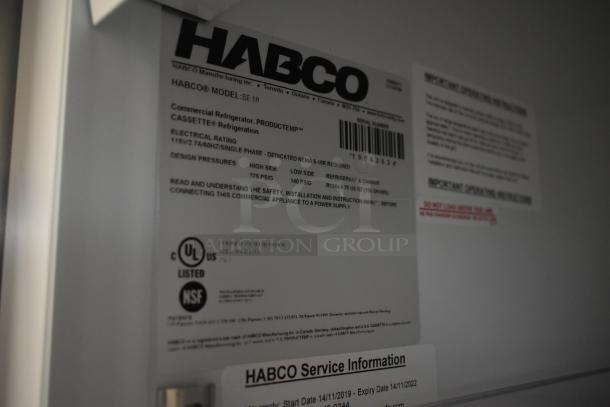 2019 Habco SE18 commercial cooler label, showing electrical rating, design pressures, and UL, NSF listings.