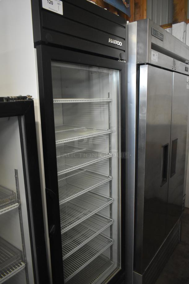2019 Habco SE18 Commercial Single Door Reach-In Cooler Merchandiser, 115V, 1 Phase, glass door, multiple shelves, excellent condition.