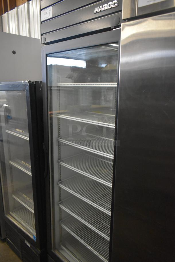 2019 Habco SE18 commercial cooler, single glass door, 115V, 1 phase, 6 shelves, visible model label.