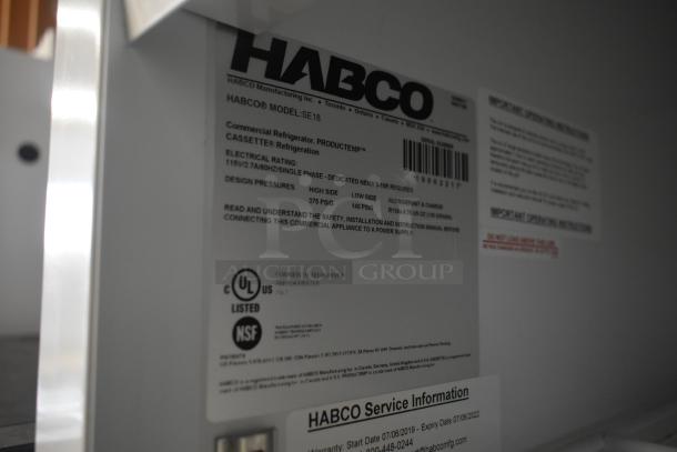 2019 Habco SE18 commercial single door cooler, 115 volts, 1 phase. Labels show UL and NSF certification.