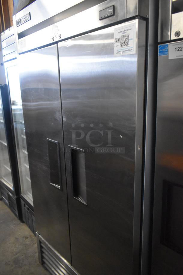 2021 True T-35-HC commercial 2-door reach-in cooler, stainless steel, 115 volts, excellent condition with visible serial number.