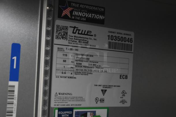 2021 True T-35-HC Commercial 2 Door Reach In Cooler, 115V, 1 Phase, Model T-35-HC, serial label shown.