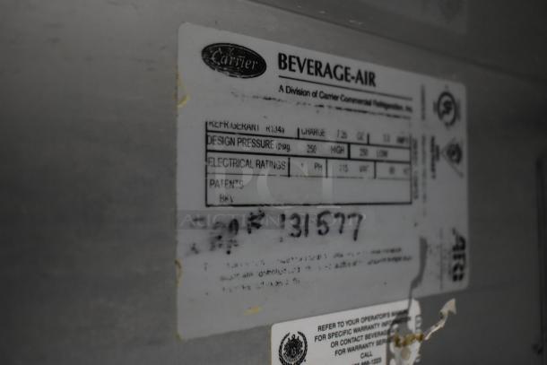 Beverage Air Commercial Sandwich Salad Prep Table label, detailing 115V, 1 Phase, R134a refrigerant, and pressure specs.