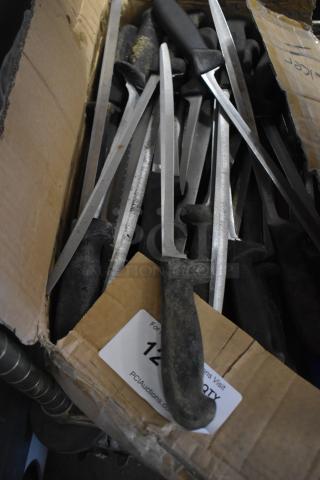Box of 60 sharpened stainless steel knives, including fillet knives, in used condition. Some handles show wear.