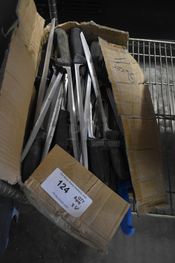 Box of 60 sharpened stainless steel knives, including fillet knife, in cardboard packaging. Auction quantity label visible.