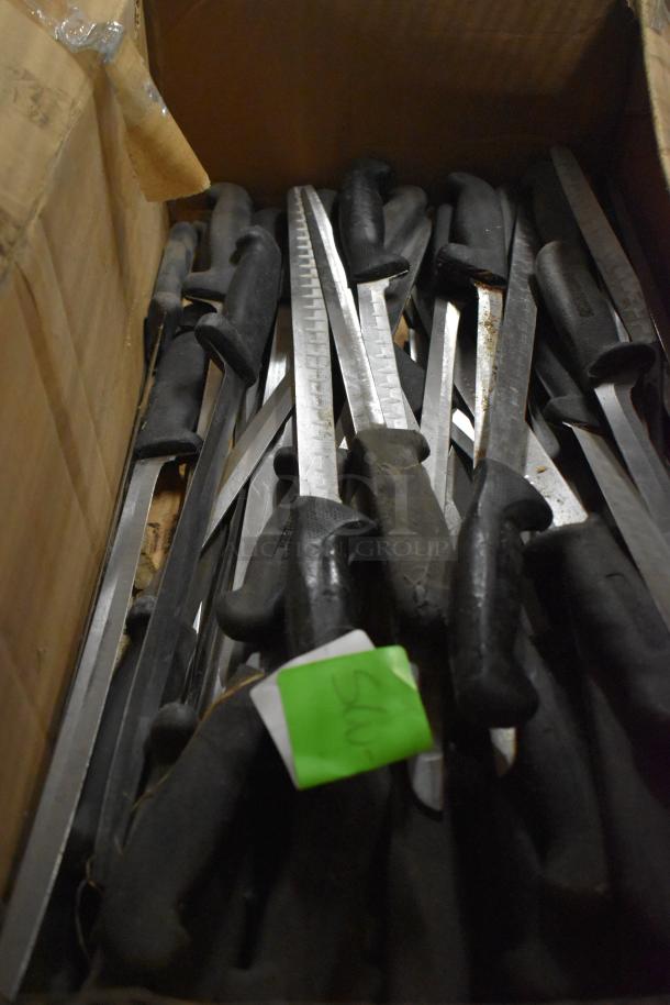 Box of 30 sharpened stainless steel knives with black handles, including a fillet knife. Visible green tag.