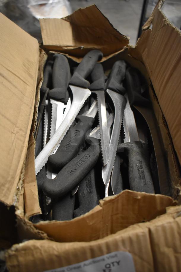 Box of 60 sharpened stainless steel knives with black handles, including serrated and rocking knives, new condition.