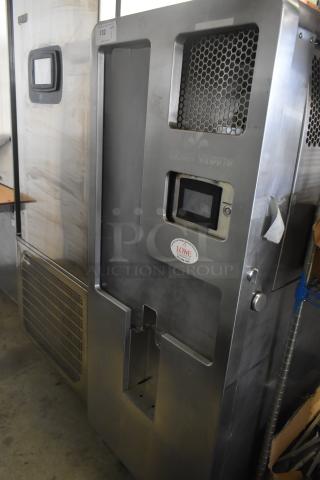 JBT 2ND-GEN-MFJ-HE citrus juicer, commercial floor model on casters, stainless steel, 115V, features touch control panel.