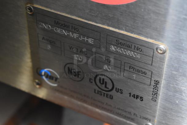 Plaque on JBT Fresh N Squeeze Citrus Juicer, Model 2ND-GEN-MFJ-HE, 5 Amps, 120 Volts, 60 Hz, 1 Phase, NSF and UL listed.