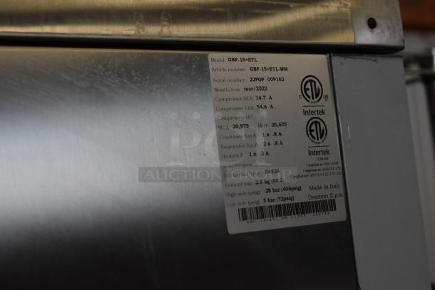 2022 Desmon GBF-15+ETL stainless steel blast chiller shock freezer with 4 probes. Features 220V, 3 phase, model details visible.