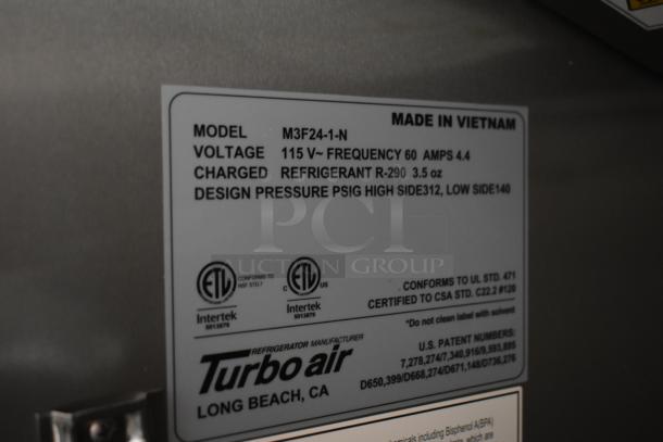 Turbo Air M3F24-1-N commercial freezer label, 115V, 1 phase, R-290 refrigerant, ETL certified, Long Beach, CA.
