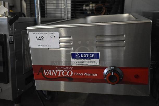 Brand new Avantco 177W50CKR 12" x 20" electric countertop food warmer, 120 volts, 1 phase. Features control dial and safety labels.