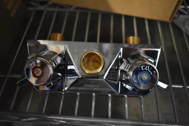 BRAND NEW Assure 190FW44G wall-mounted faucet, 3 1/2" swivel gooseneck spout, 4” centers, hot/cold labels, minor scratches.